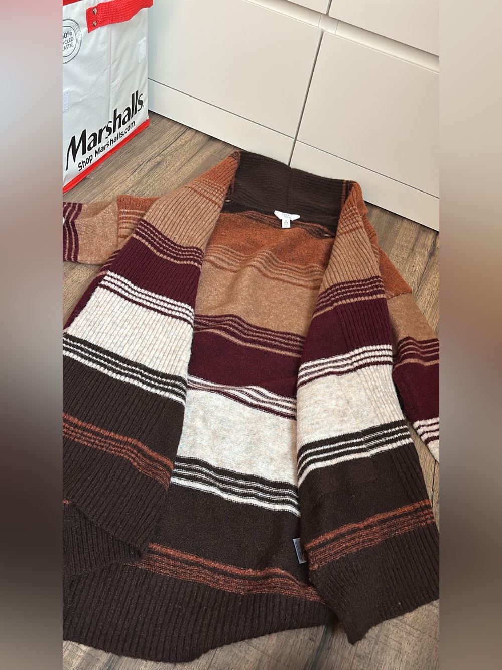 Time and Tru Striped Open-Front Cardigan in Brown, Tan & Burgundy
